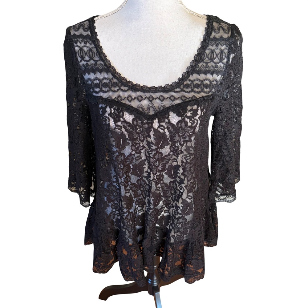 Free People Black Floral‎ Lace Sheer Peplum Top Sz Small Boho Witchy Whimsigoth